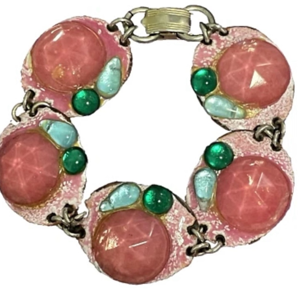 Rare RUTH BUOL Bracelet Modernist Pink Green Fused Glass Enamel 1960's